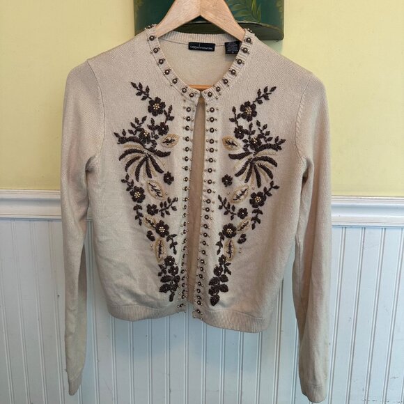Embellished Silk & Cotton Cardigan Sweater With Beaded Floral Design By Moda Int - Picture 1 of 6